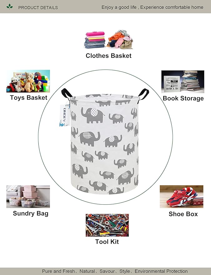 Round waterproof laundry basket gift basket,suitable for children's room and toy storage (Grey Elephant)