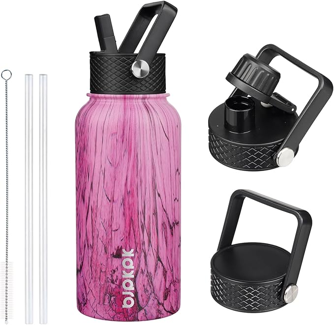 BJPKPK Insulated Water Bottles with Straw Lid, 27oz Stainless Steel Water Bottle with 3 Lids, Leak Proof BPA Free Metal Thermo, Mugs, Tumblers, Keep Cold Hot - Wood Pink