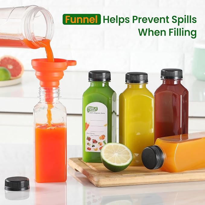 12 Pack, 12 OZ Reusable Plastic Juice Bottles with Caps, Plus 12 Labels & 2 Silicone Funnels - Clear Juicing Bottles for Juice, Smoothies, Ginger, Tea, Coffee - Food Grade & Leakproof Travel Bottles