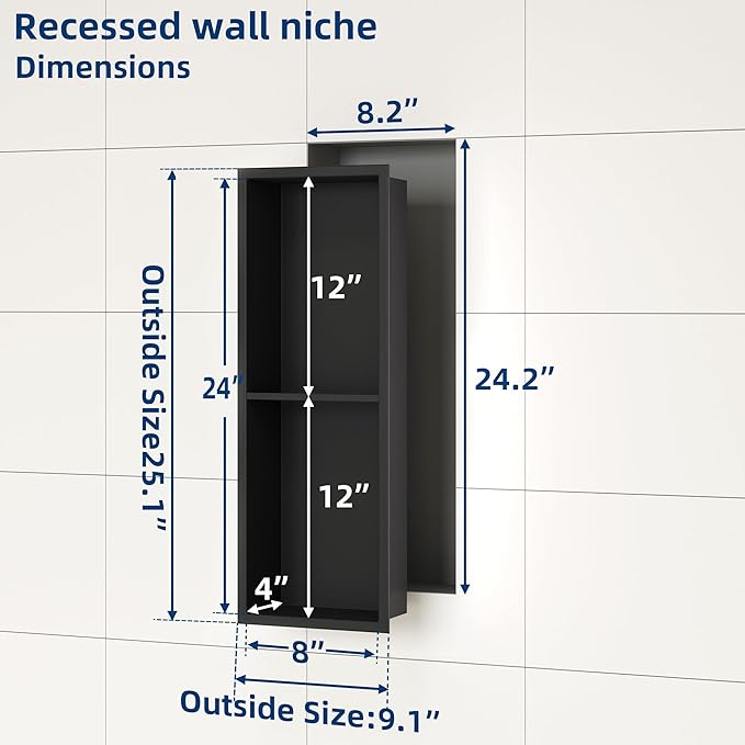 Neodrain Shower Niche Double Shelf Stainless Steel No Tile Needed Bathroom Niches Recessed in Wall, 2-Tier Recessed Wall Niche Waterproof Cubby(8X24 Inch,Matte Black)