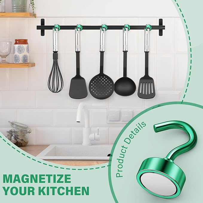 Magnetic Hooks, 8 Pack Strong Magnetic Hooks Cruise for Hanging, 25lbs Magnets with Hook for Cruise Cabins, Magnets for Whiteboard, Garage, Grill, Lock Accessories, Green