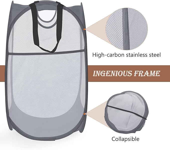 HOUSE AGAIN 2 Pcs Pop Up Laundry Hamper, Strong Mesh Laundry Baskets Collapsible, Hamper with Handles and Side Pocket, Portable Foldable Dirty Clothes for Dorm, Laundry room and Travel Storage, Grey