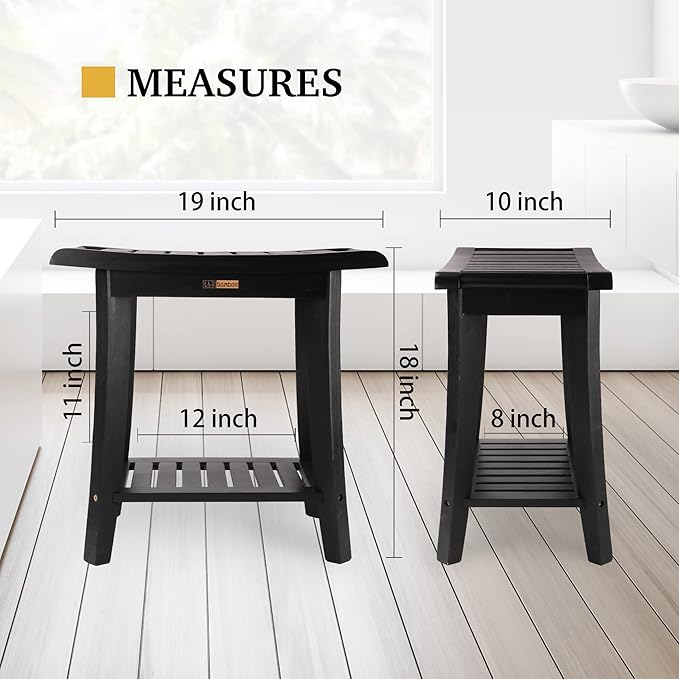 Bamboo Shower Bench Inside Shower Stool with Storage Shelf, Spa Bath Chair for Bathroom, Seat or Organizer for Living Room, Bedroom and Garden - Great for All Ages Unisex Elderly, Black