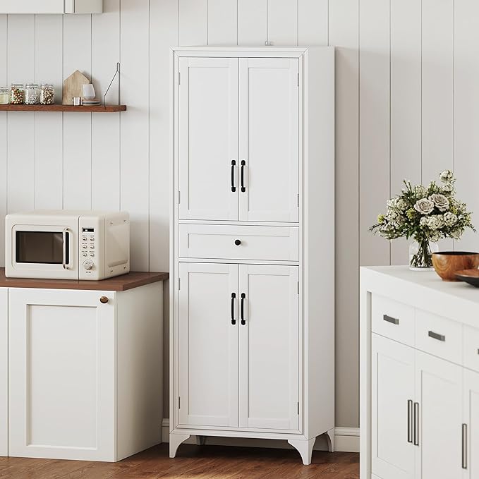 HOMCOM 67" Tall Freestanding Kitchen Pantry Cabinet 4-Door Drawer White