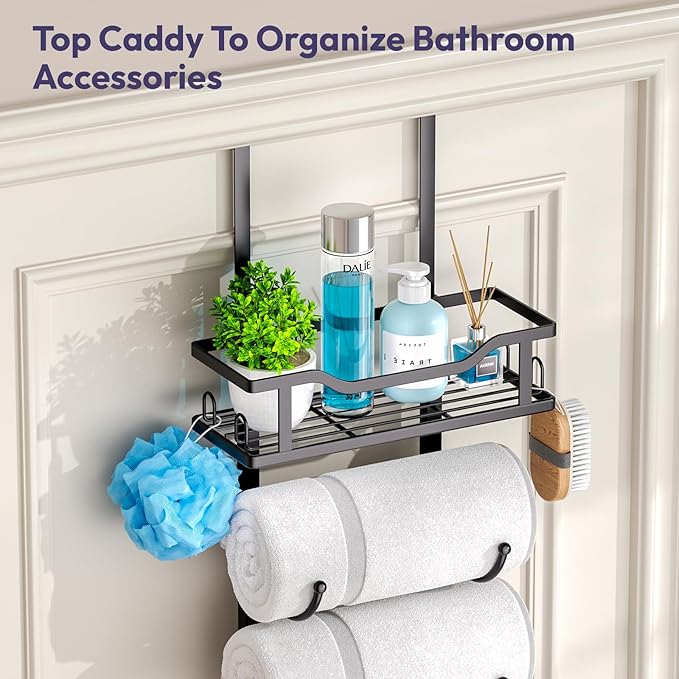 SWTYMIKI Over The Door Towel Rack - 6 Tier Towel Racks for Bathroom Wall Mounted, Towel Holder with Shelf, Hanging Rolled Towel Storage Organizer for Small Bathroom, Camper, RV, Black