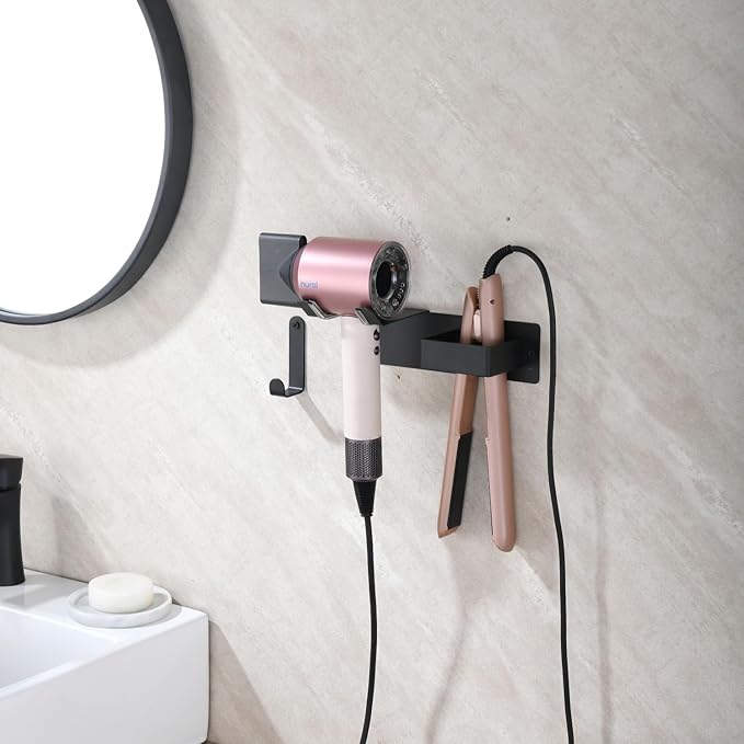 Hair Dryer Holder Wall Mounted, Hair Tool Organizer Wall Mount for Bathroom, Stainless Steel Hair Dryer Holder, Blow Dryer Holder Adhesive/Drilling Hair Dryer and Straightener Holder Black UEMUSI