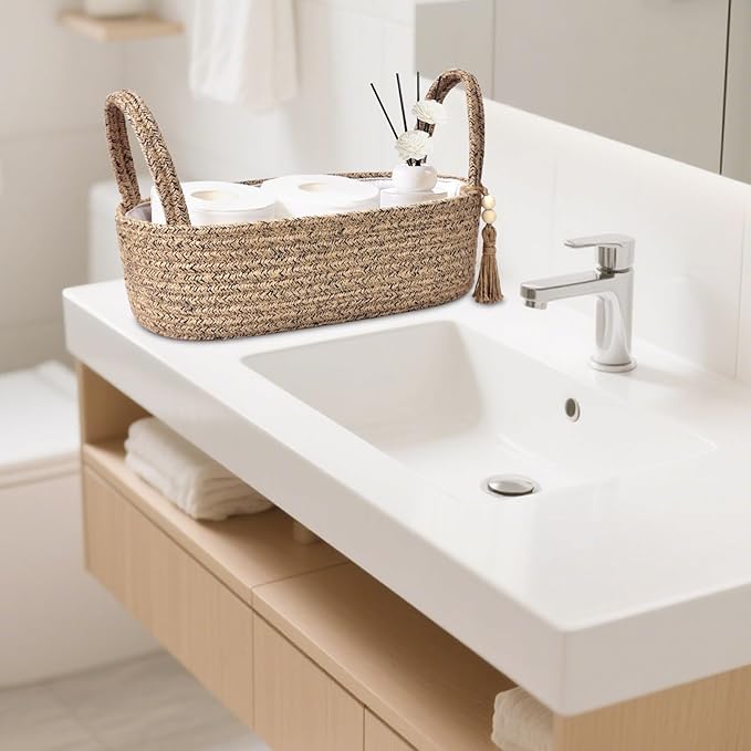 ABenkle Small Storage Basket for Toilet Tank Top - Jute Rope Woven Organizer with Handle, Boho Countertop Bathroom Decor, Toilet Paper Holder, 13x6x4 Inch