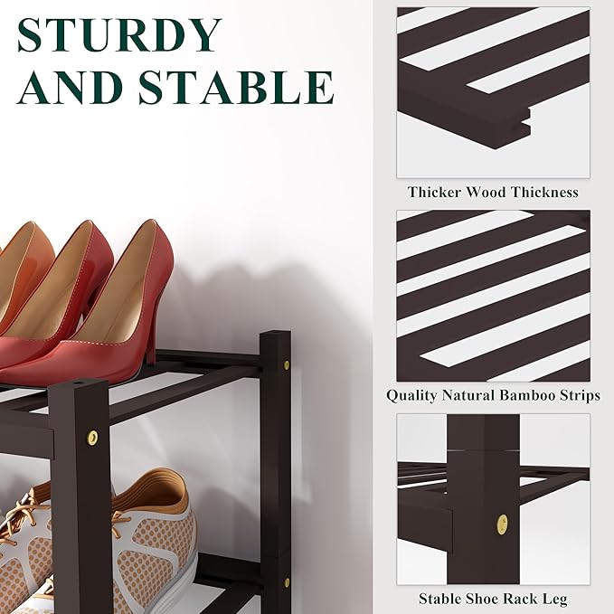 Smiry Shoe Rack, 5 Tier Small Bamboo Shoe Organizer, Stackable Free Standing Wooden Shoe Storage Shelf for Closet, Entryway, Front Door Entrance, Brown