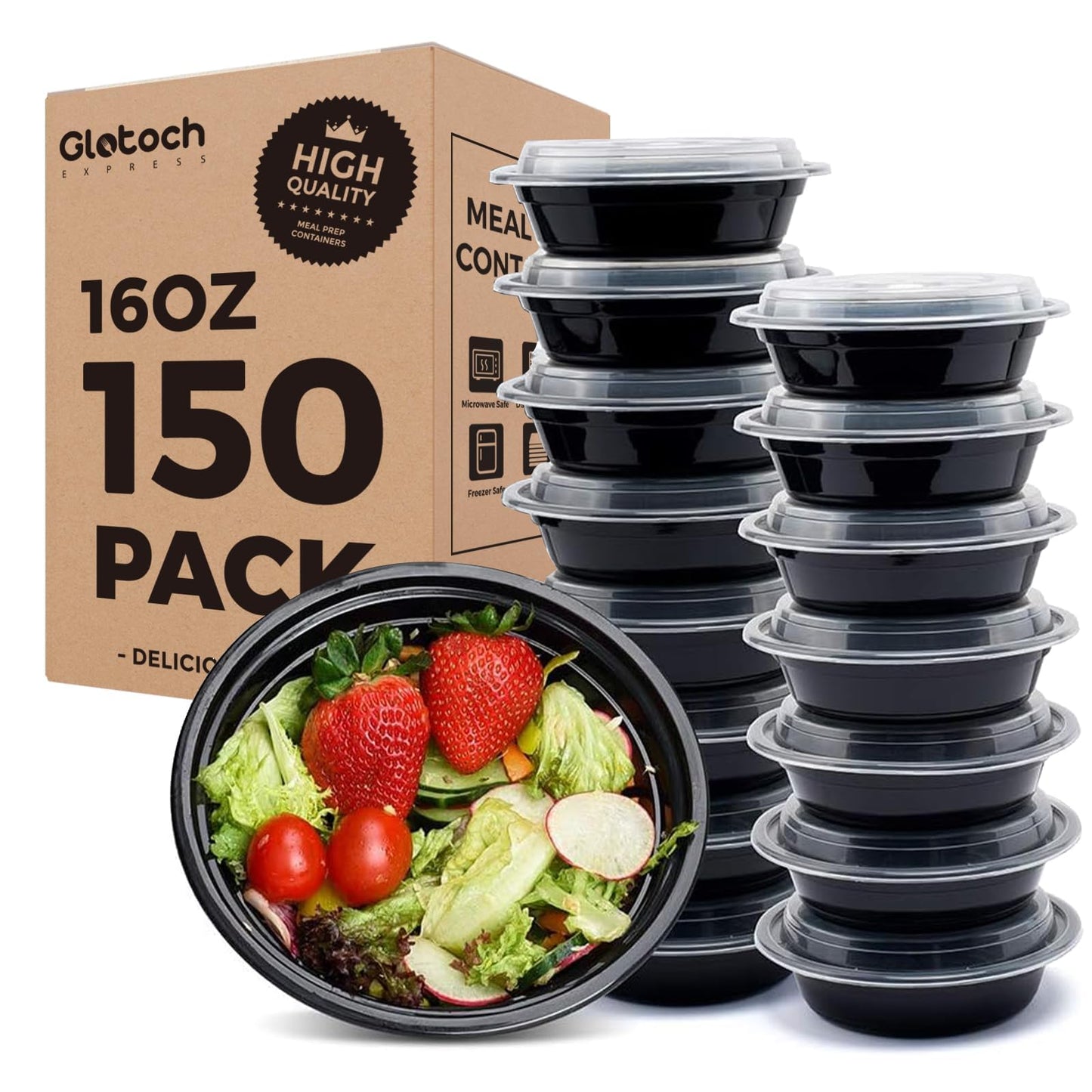 Glotoch Round Meal Prep Containers Bowls with Lids, 16 oz, 150 Pack