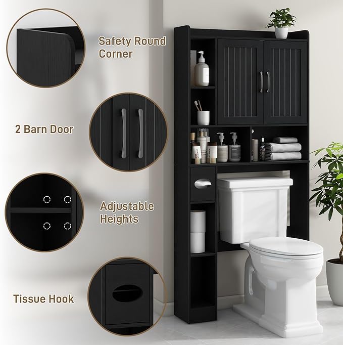 Vabches Over The Toilet Storage Cabinet, Farmhouse Storage Cabinet Over Toilet with Barn Door, Home Space-Saving Toilet Rack, for Bathroom, Restroom, Laundry（Black）.