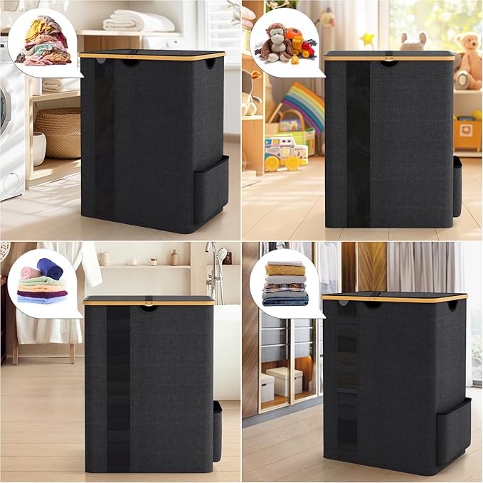 BlissTotes Laundry Basket with Lid, 150L Clothes Laundry Hamper with Handles and 2 Removable Laundry Bag, Breathable Design Hamper with Lid for Bedroom, Bathroom, Dorm, Laundry Room - Dark Grey