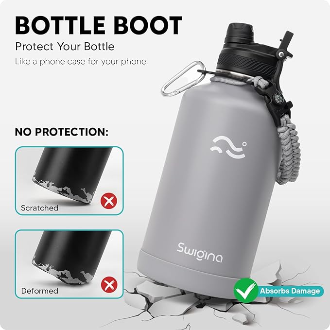 [2-IN-1 LID] 64 oz Insulated Water Bottle with Silicone Boot (48hrs Cold/24hrs Hot) - DIY Stickers, Leakproof, BPA Free, Half Gallon