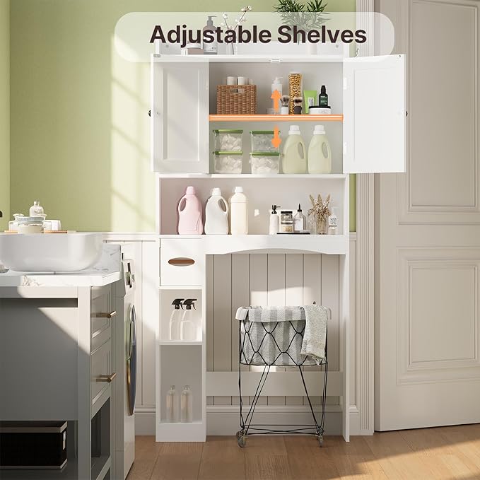 Gizoon 66''H Over The Toilet Storage Cabinet, White Over Toilet Storage Cabinet, Over Toilet Bathroom Organizer, with 2 Doors, Paper Holder and Racks, Adjustable Shelf, for Bathroom, Laundry, White