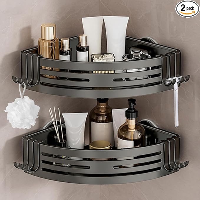Conworld Corner Shower Caddy Suction Cups, Corner Shower Shelf for Inside Shower, Organizer Suction for Bathrooms Storage, No-Drilling Removable (Aluminum, 2-Pack, Gunmetal Gray)