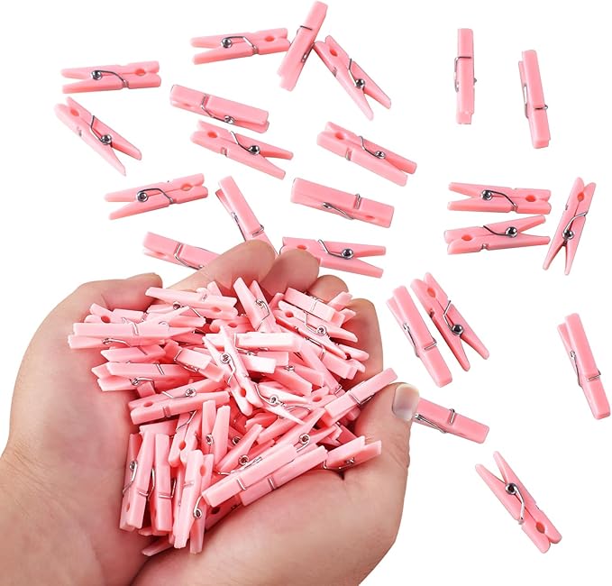 100PCS Pink Plastic Clothes Pins for Girl Baby Shower Games, DIY Crafts, Photos - 1.35 Inch Small Mini Pins, Tiny Clips for Laundry & Picture Displays Gender Reveal Party Decorations
