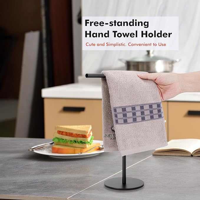 Black Hand Towel Holder Stand for Bathroom Vanity Countertop Stainless Steel T-Shape Freestanding Towel Rack Stand Towel Bar for Bathroom Kitchen (Black Matte)