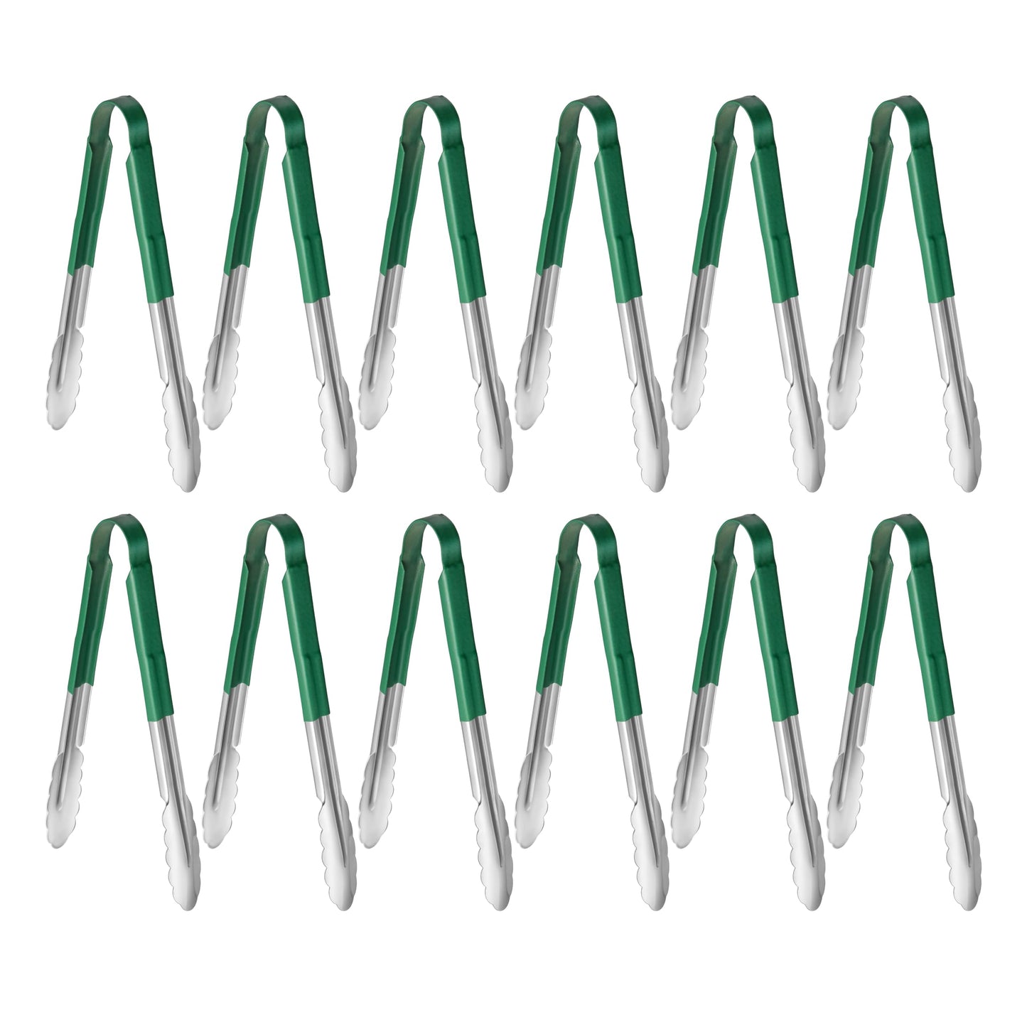 New Star Foodservice 12 Inch Utility Spring Tongs, Set of 12, Commercial Restaurant Grade Stainless Steel Tongs with Green Vinyl Coated Handles