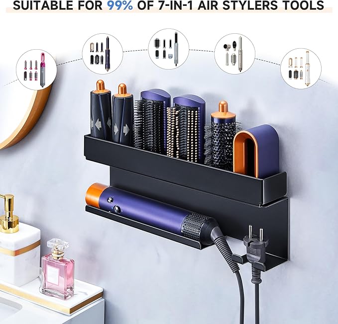 Storage Hair Dryer Holder for Curling Iron Accessories, Hair Tool Organizer Wall Mount, Curling Iron Holder Organizer, Bathroom Hair Straightener Holder Stand for Styler Attachments Organizer, Black