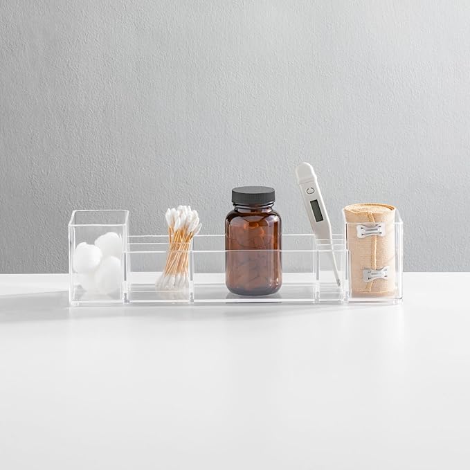 mDesign Plastic Bathroom Medicine Cabinet Organizer with Handles - Divided Vanity Storage Holder/Container for Cotton Swabs, Makeup, Bathroom Essentials/Toiletries, Lumiere Collection, 2 Pack - Clear