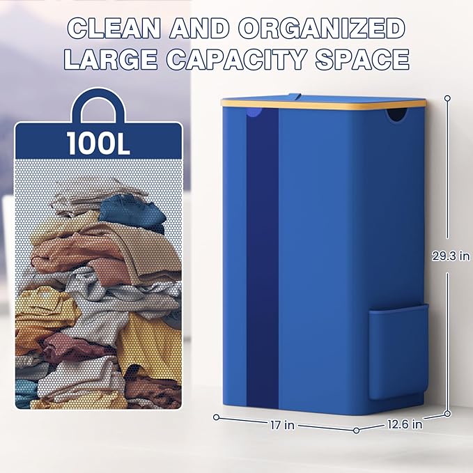 BlissTotes 100L Bamboo Laundry Hamper with Lid, Breathable Mesh Bag & Window, Portable, Moisture Resistant, Blue