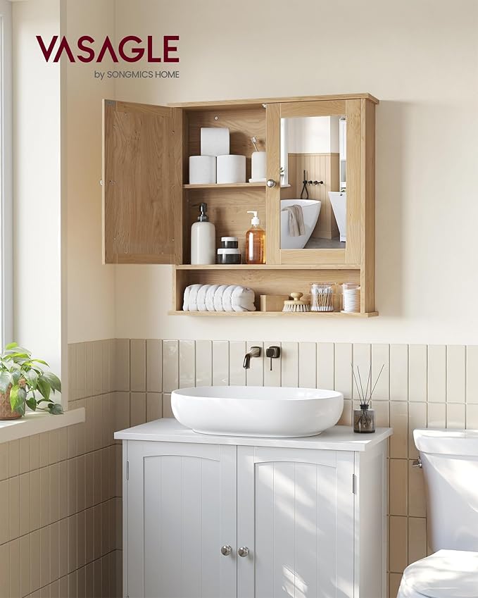 VASAGLE Bathroom Cabinet with Mirror, Wall Cabinet with 2 Mirrored Doors, Adjustable Shelf, Open Compartment, Wall-Mounted, 5.1 x 22.2 x 23 Inches, Natural Oak ULHC003Y01