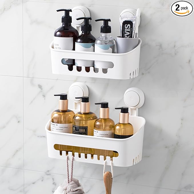 LEVERLOC Shower Caddy Suction Cup, Shower Organizer Removable Bathroom Shelf, Storage Suction Powerful Max Hold 22lbs Bathroom Caddy Waterproof Holder, Blue