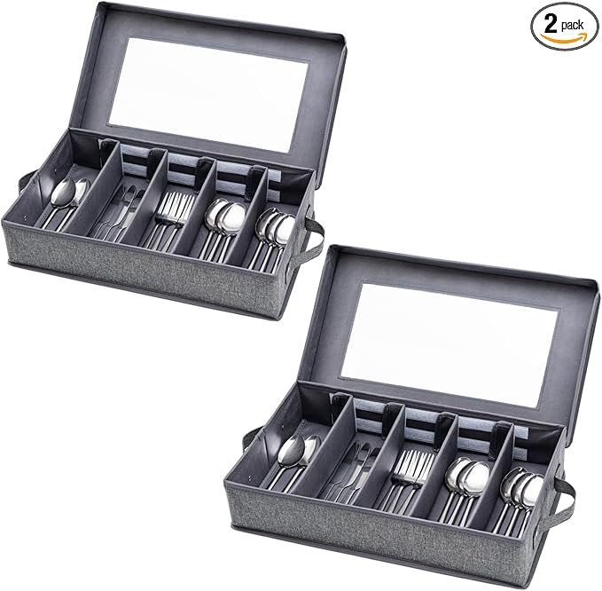 Lafulling Silverware Storage Box 2 Pack, Flatware Storage, Utensil Storage with Removable Lid and Adjustable Dividers for Organizer Utensils, Cutlery, Flatware, Knives, Large Capacity Gray