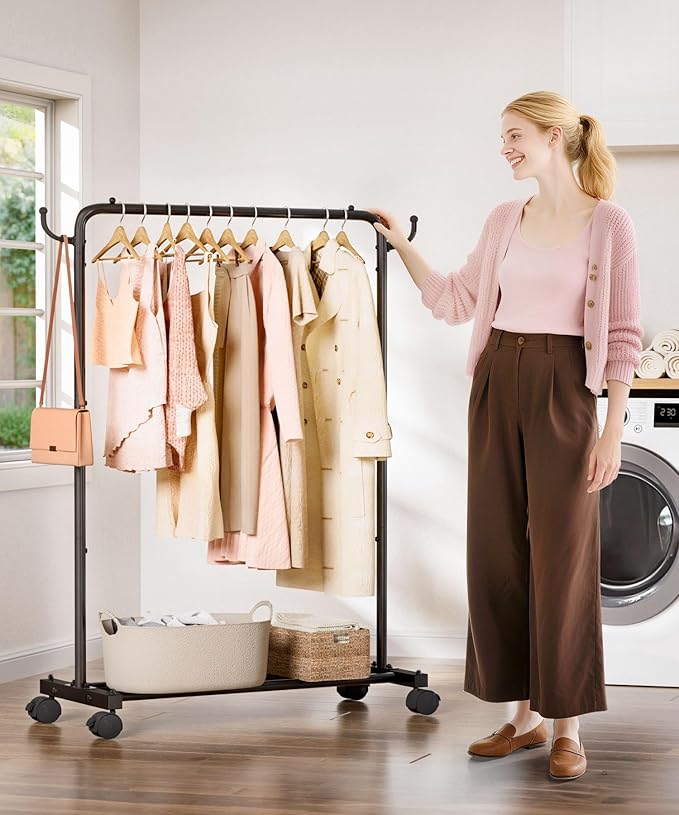 Homde Rolling Clothes Rack with Hooks: Standing Garment Storage for Indoor - Hanging Rod for Bedroom Laundry Room - Coat Dress Organizer on Wheels with luggage shelf (Black, 32")
