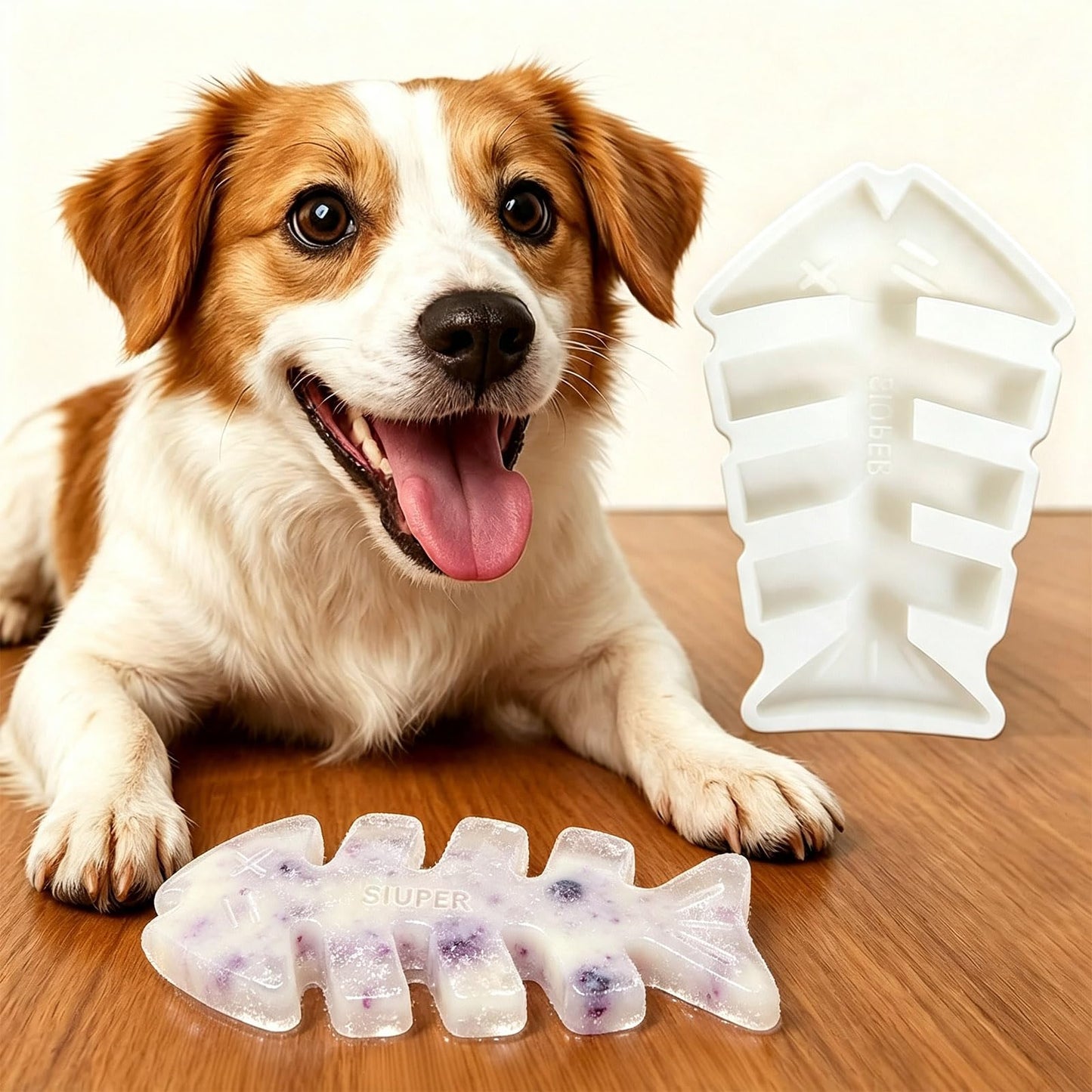 SIUPER 7.5IN Big Fish Bone Dog Cat Treat Mold 1 Pack, DIY Flavors for Puppy. Food Safe Silicone for Oven. Large Ice Cube Mold for Pet Chew, Cooling. Pets Birthday Cake Baking. Fun Gift for Dog Lover