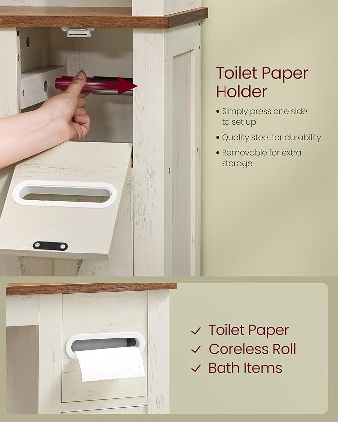 VASAGLE LIRY Collection - Over-The-Toilet Storage Cabinet, 31.3-Inch Wide Farmhouse Bathroom Organizer, Barn Doors, Toilet Paper Holder, Adjustable Shelves, Space-Saving, Rustic White UBTS027WJ01S