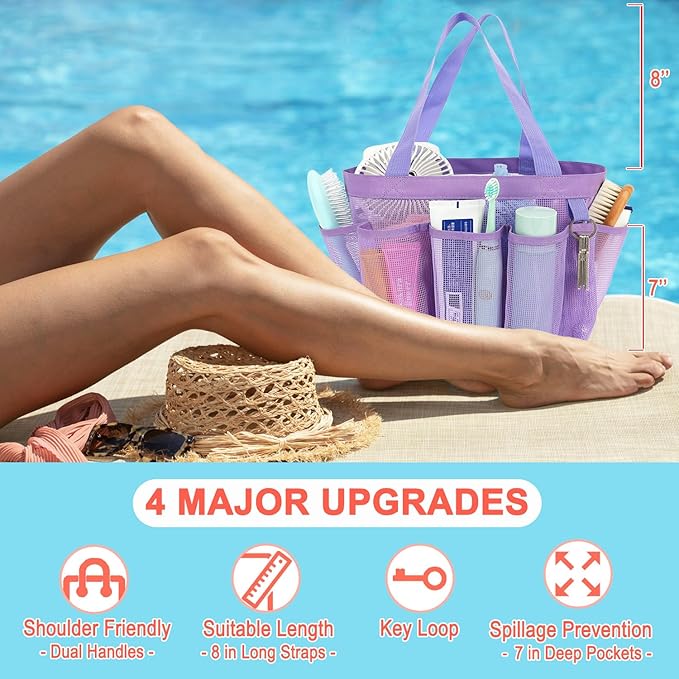 Mesh Shower Caddy Portable for College Dorm Room Essentials, 8-Pocket Large Shower Basket Tote Bag with 2 Handles for Toiletry, Bathroom, Beach, Camp, Gym