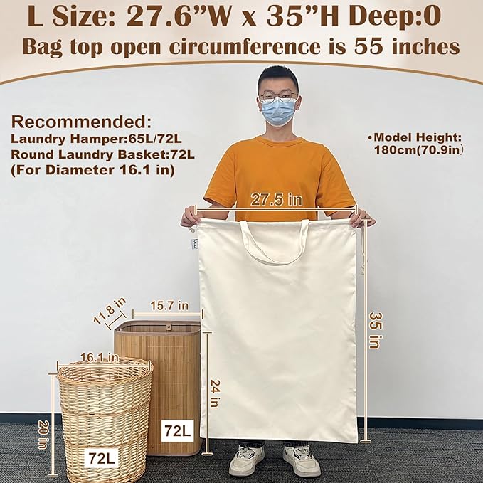 Canvas Laundry Bag with Handles & Drawstring Closure 27.5”Wx35"H, Thick Laundry Bag Large Heavy Duty Washable Dirty Clothes Travel Sack for Camp, College Dorm, Laundromat (Beige L, 2 Pack)