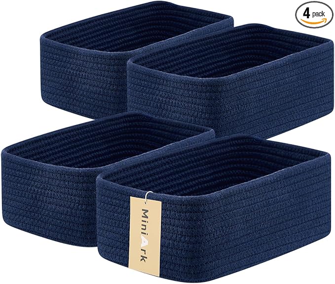 Small Storage Baskets for Organizing | Closet Organizer Bins | Shelf Toy Basket | Woven Rope Baskets | Cube Decorative Box | Shallow Basket | 11.5x7.5x4.7” | 4 Packs Navy Blue