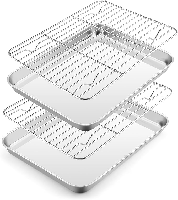 E-far Baking Sheet with Wire Rack (2 Pans + 2 Racks), Large Stainless Steel Cookie Sheets Pan & Cooling Rack for Baking Cookies Cake, Non Toxic & Heavy Duty, Oven & Dishwasher Safe, 18 x 13 x 1 Inch