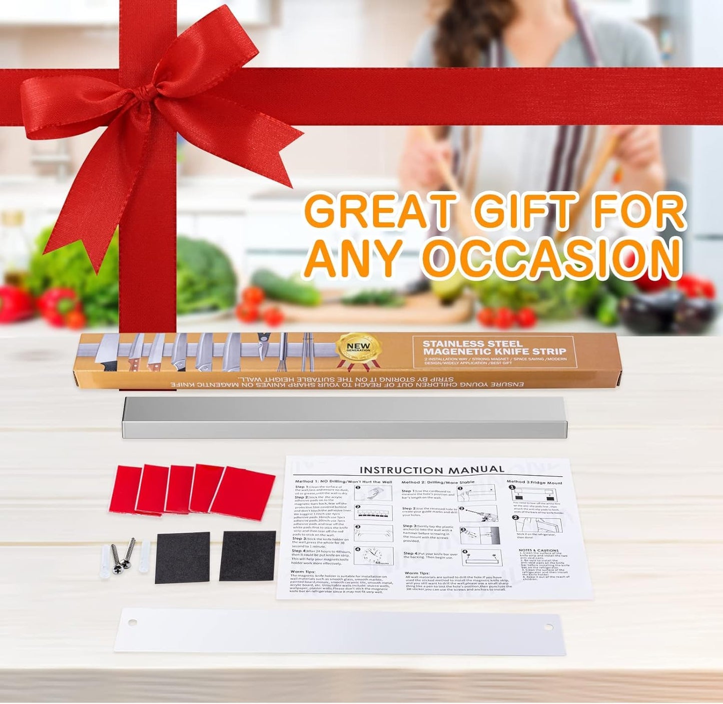 Ninonly 20 Inch Magnetic Knife Holder for Refrigerator, Stainless Steel Double Sided Magnet Knife Strip for Wall, No Drilling Magnetic Knife Rack with Powerful Magnetic Pull Force Fridge Applicable