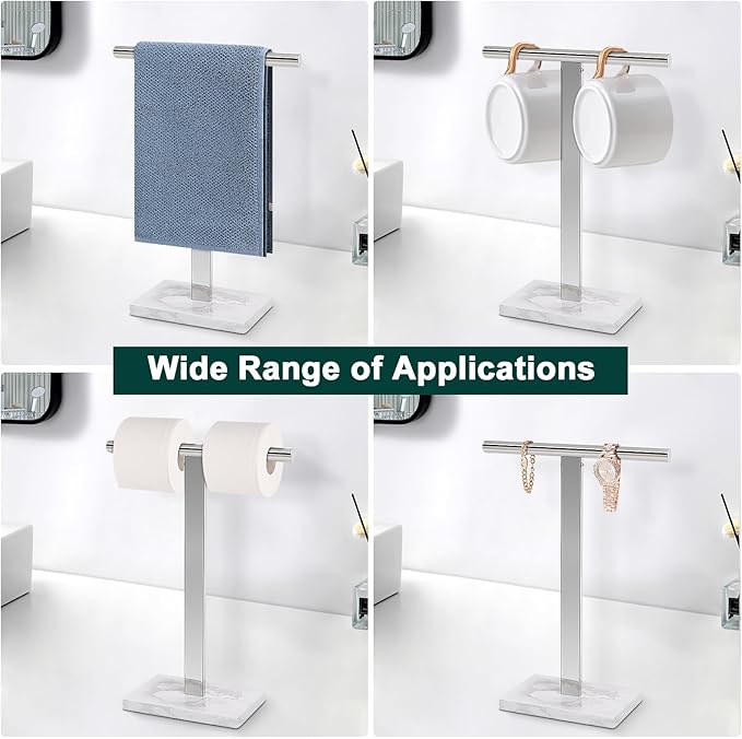 Hand Towel Holder, T-Shape Hand Towel Stand for Bathroom, Hand Towel Rack Bar Standing for Vanity Kitchen Countertop, 304 Stainless Steel, Marble Base (Chrome)