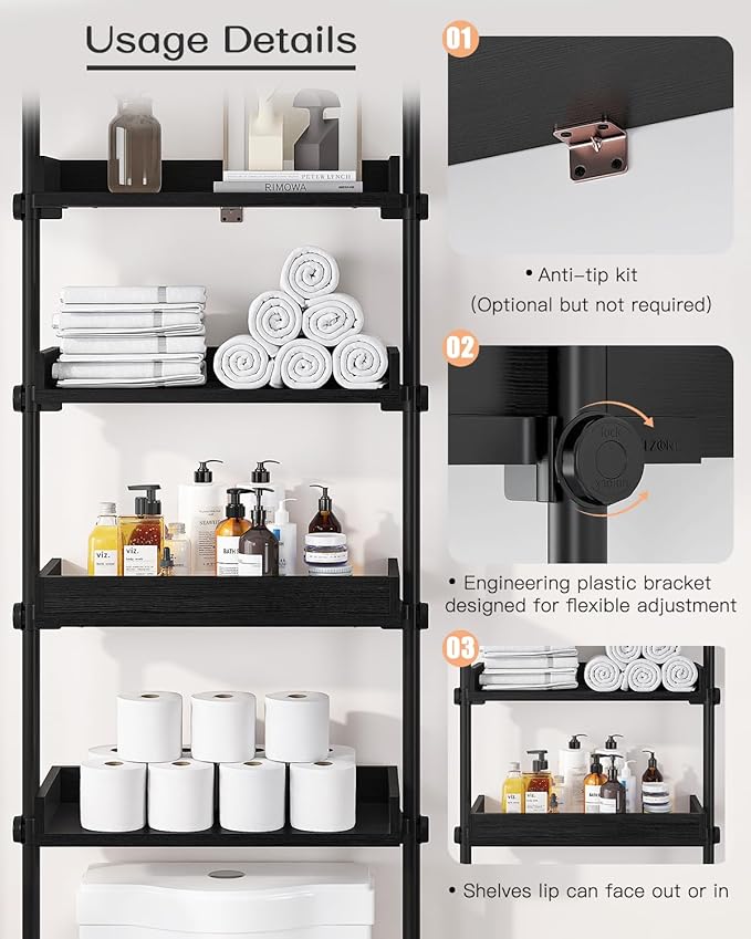 ALLZONE 4 Tier Over The Toilet Storage, Adjustable Wood Over Toilet Bathroom Organizer, Freestanding Shelves, Fit Most Showers Over The Toilet Shelf, 92 to 116 Inch Tall, Black