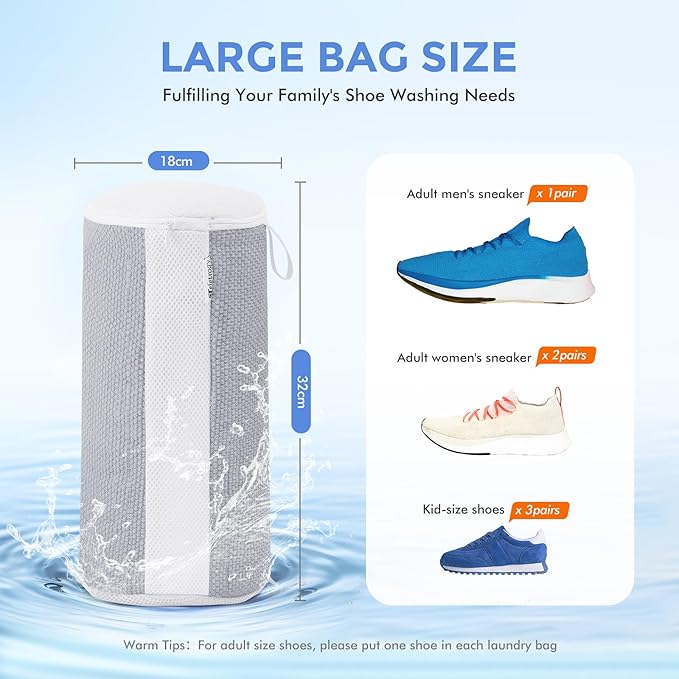 Shoe Washing Machine Bag 2Pcs, Laundry Bag for Shoe Washer & Dryer, Sneaker Cleaning Bag Plush Fibers for All Size Sneaker Deep Clean, Reusable Tennis Wash Bag Invisible Zipper (Grey)