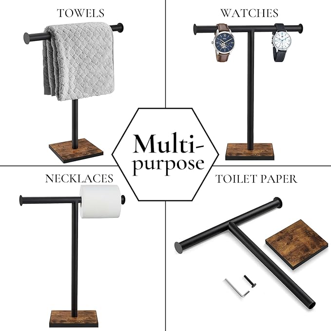 Hand Towel Holder Stand, Bathroom Hand Towel Rack with Weighted Base, T-Shape Standing Towel Racks, Farmhouse Countertop Towel Stand for Kitchen Counter, Rustic Black Brown