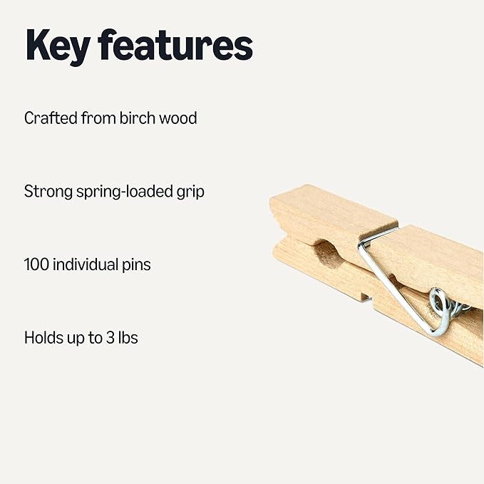 Amazon Basics Wood Clothespins with Spring, Pack of 100