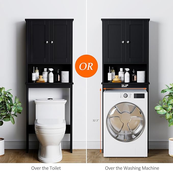 Meilocar Over The Toilet Storage Cabinet for Bathroom, Black Bathroom Storage Over Toilet, Space Saver W/Adjustable Shelf and Open Shelf, Black