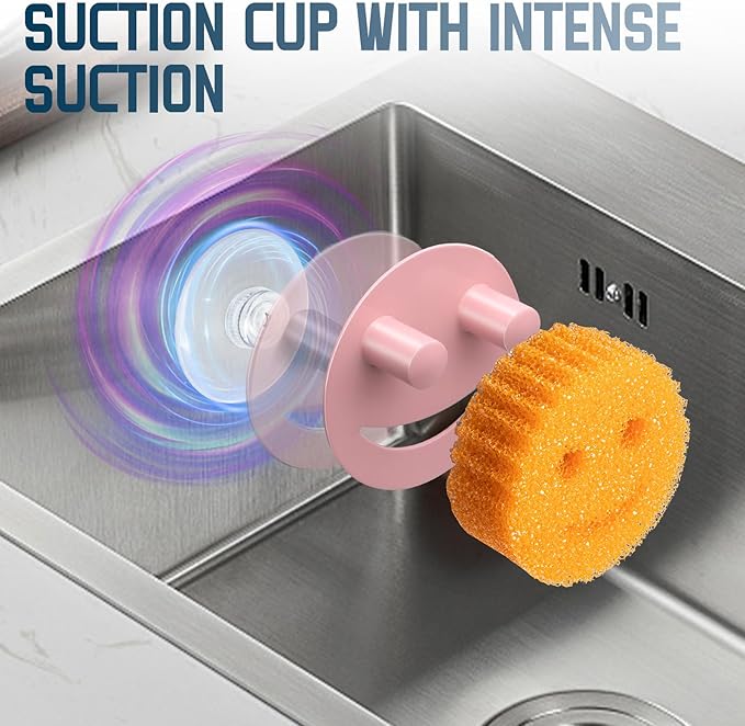 Stainless Steel Smiley Face Sponge Holder, Silver Sink Caddy Organizer Storage with Suction Cup for Kitchen, Kitchen Accessories Decor Scrubber-Pink