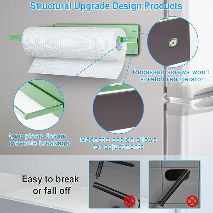 Paper Towel Holder, Magnetic Paper Towel Holder for Fridge, Toilet Paper Roll Holder Magnet Towel Rack Wall Mount Fridge Organizer for Paper Towels Rolls Bathroom Pantry RV Kitchen Storage Green