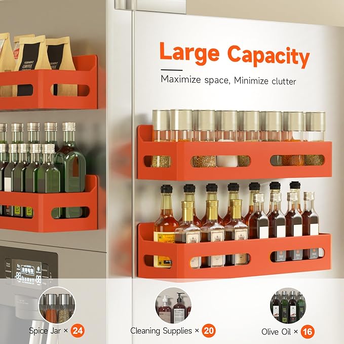 4 Pack Strong Magnetic Spice Rack for Refrigerator, Multipurpose Magnetic Shelf for Fridge with 4 Hooks for kitchen and Bathroom Organization, Orange