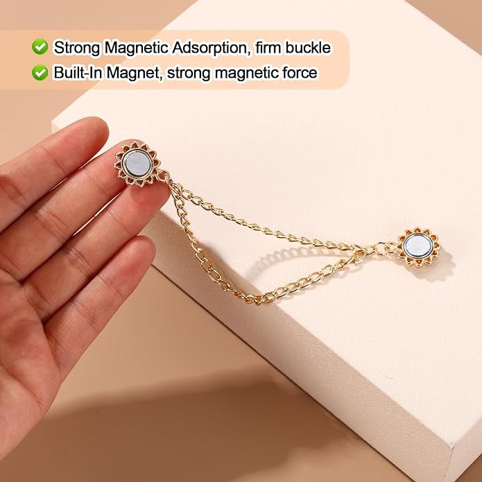 6pcs Magnetic Clothing Clips with Chain, Multi-Function Magnet Button Pins Hijab Cuff Clips for Fixing Hem of Clothes Long Pants Legs Sleeves of Shirts