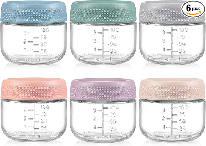 NETANY 6 Pack 4 oz Glass Baby jars with Airtight Lids, Glass Baby Food Storage Containers,Overnight Oats Containers with Lids | Microwave, Dishwasher & Freezer Safe | Includes 10 Labels