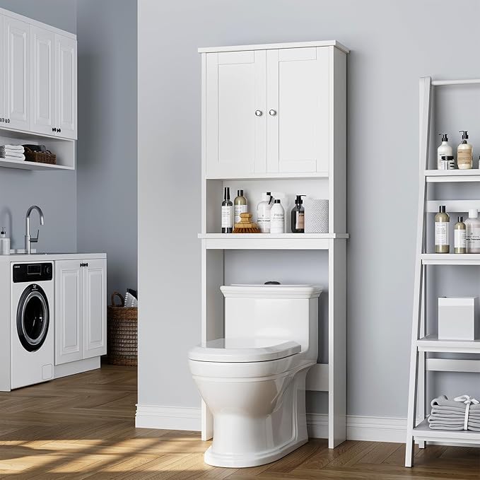 Meilocar Over The Toilet Storage Cabinet, Bathroom Storage Cabinet White Organizer Over Toilet, Bathroom Space Saver with Adjustable Shelf, White