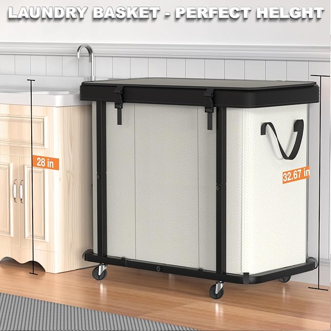 230L (60 Gal) Large Fashion Laundry Basket with Wheels, Leather Patchwork Laundry Sorter 3 Section, Sturdy Metal Frame, Removable Washable Bag, Tall Clothes Sorter for Bedroom - Beige