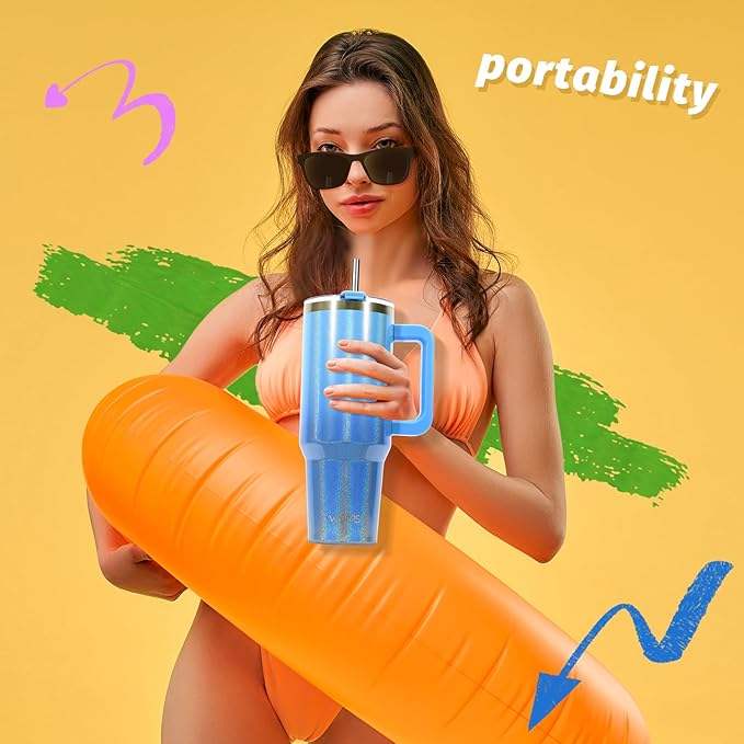 30 oz Shiny Tumbler with Handle,Tumbler with Lid and Straw,Double Wall Insulated Cup Stainless Steel Travel Mug(Cold for 34 Hours),Water Bottle for Iced Tea,Coffee,Cold Beverages(Blue)