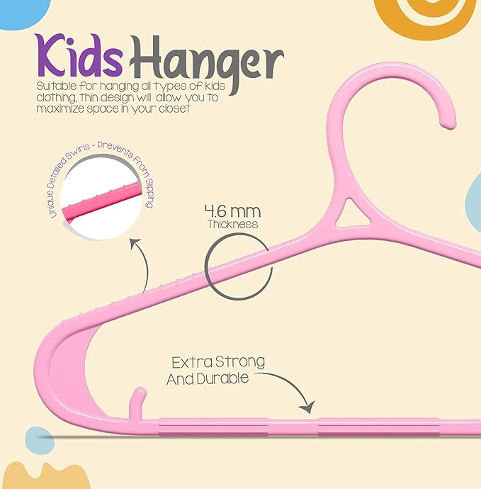 Utopia Home Kids Hangers 60 Pack - 11 Inch Plastic Baby Hangers for Closet - Childrens Hanger for Clothes & Infant Hanger for Closet - Non-Slip Shoulder Grooves, Strap Hooks & Pants Bar (Baby Pink)